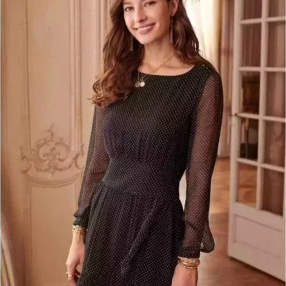 SEZANE Doria 100% Silk Chiffon Mini Dress, Black and Ecru Polka Dots, FR Size 40 - Picture 2 of 10